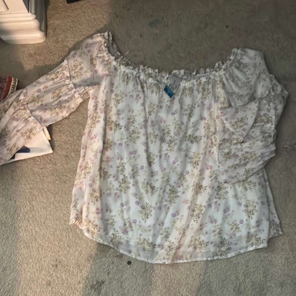 white flowered shirt with purple large neck for off the shoulder